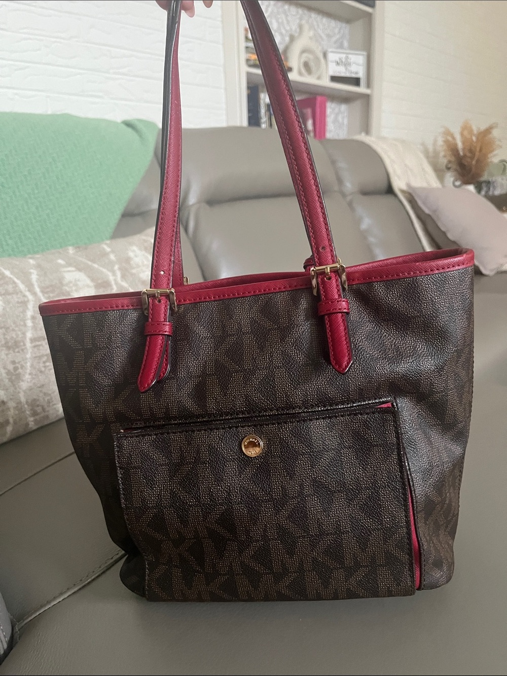 Michael Kors Brown Logo Tote with Burgundy Trim